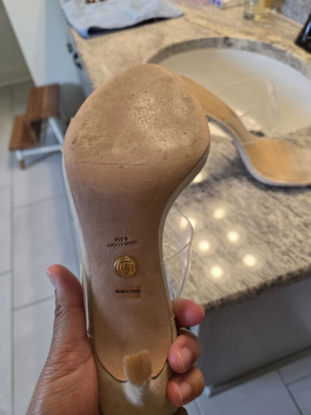 Veronica Beard Clear Strap Beige Suede Heel Sandals
